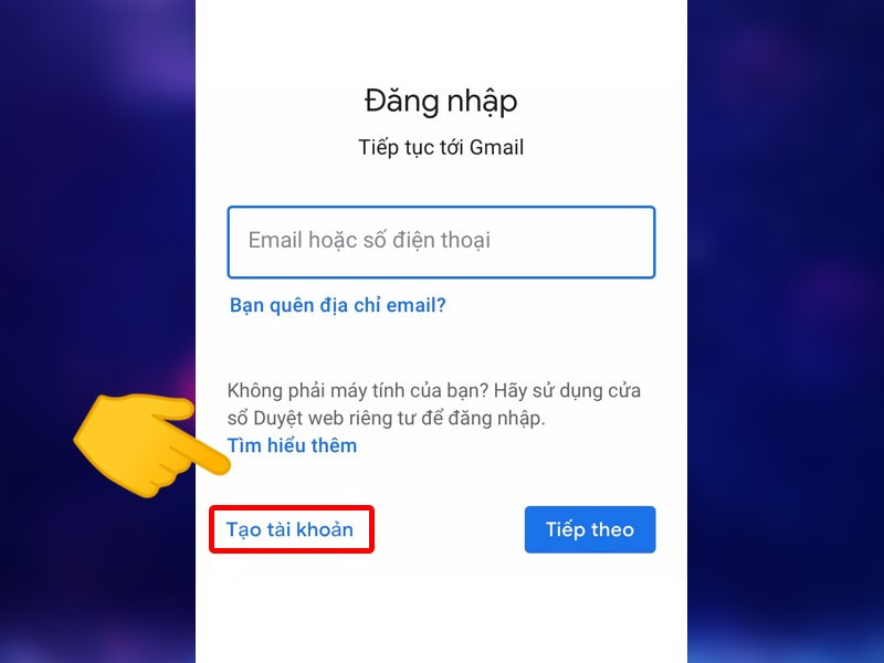 Alt: Mở ứng dụng Gmail và chọn tạo tài khoản