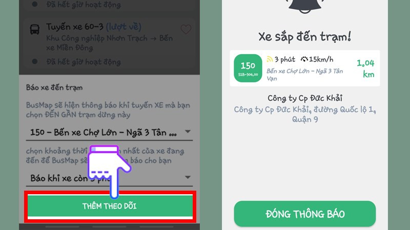 alt text: Cài đặt thông báo khi xe buýt đến trạm trên BusMap