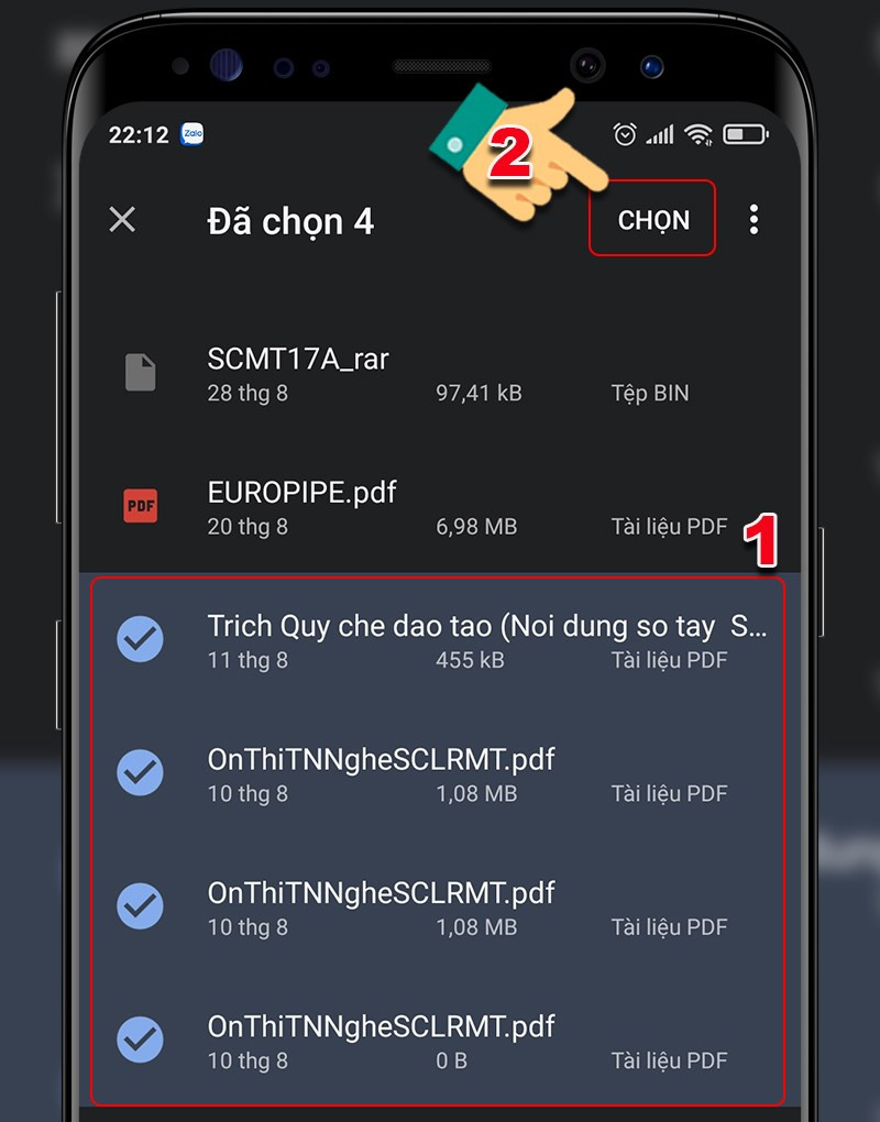 alt text: Chọn file cần gửi trên Zalo