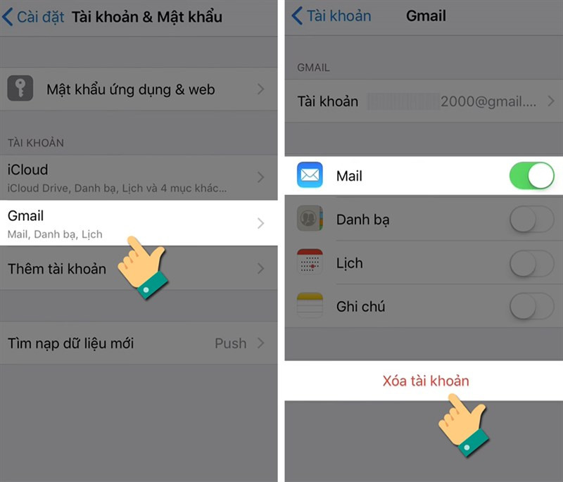 alt text: Chọn Gmail cần xóa và Xóa tài khoản trên iPhone