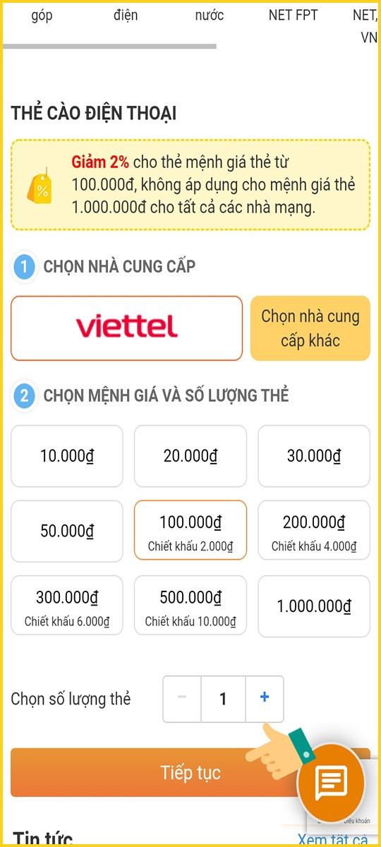 alt text: Chọn mệnh giá thẻ cào Viettel