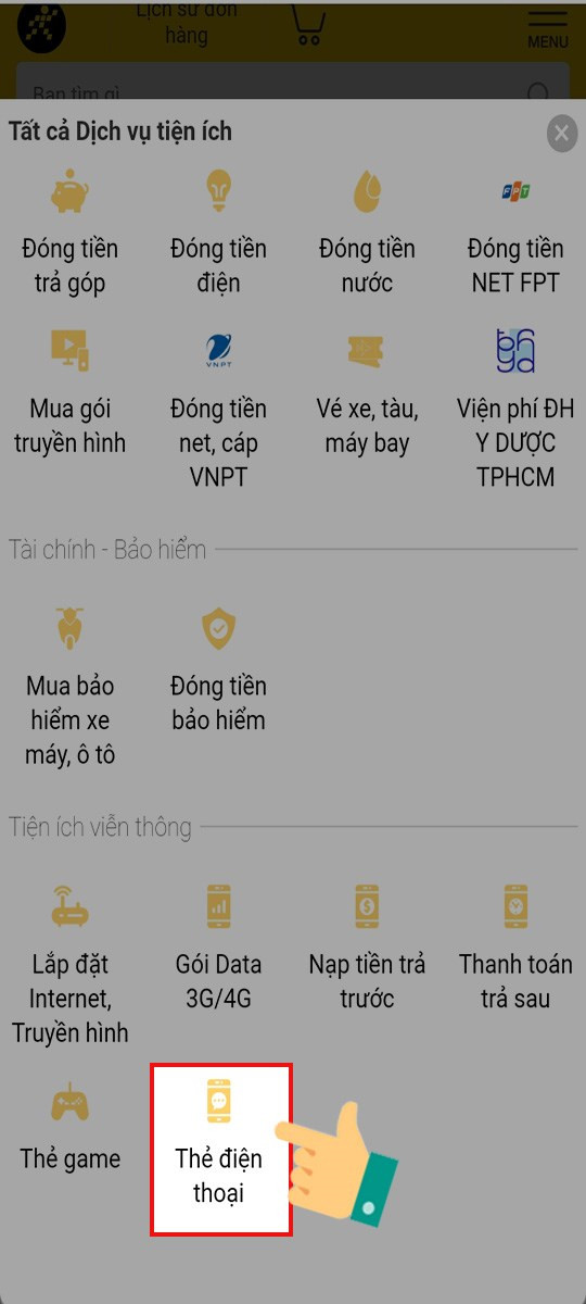 alt text: Chọn mục thẻ cào điện thoại trên website Thế Giới Di Động