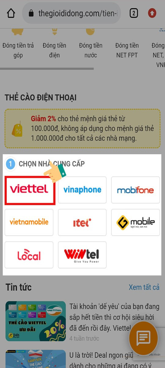 alt text: Chọn nhà mạng Viettel