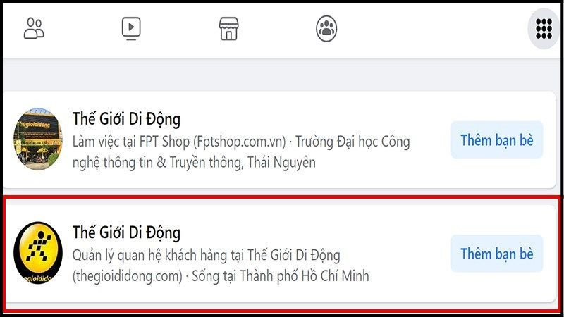 alt text: Danh sách kết quả tìm kiếm trên Facebook