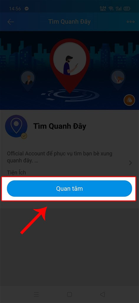 alt text: Giao diện quan tâm Official Account Tìm Quanh Đây trên Zalo