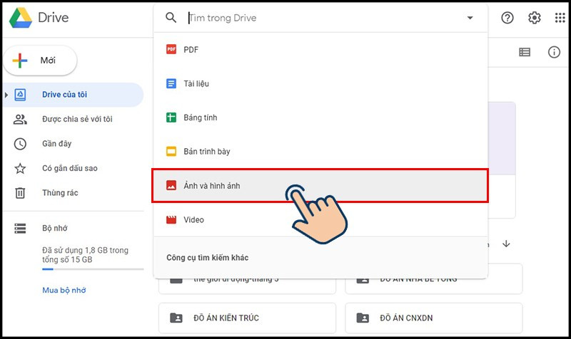 alt text: Giao diện tìm kiếm ảnh trên Google Drive