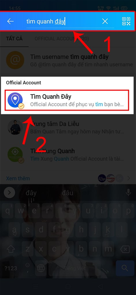 alt text: Kết quả tìm kiếm Official Account Tìm Quanh Đây trên Zalo