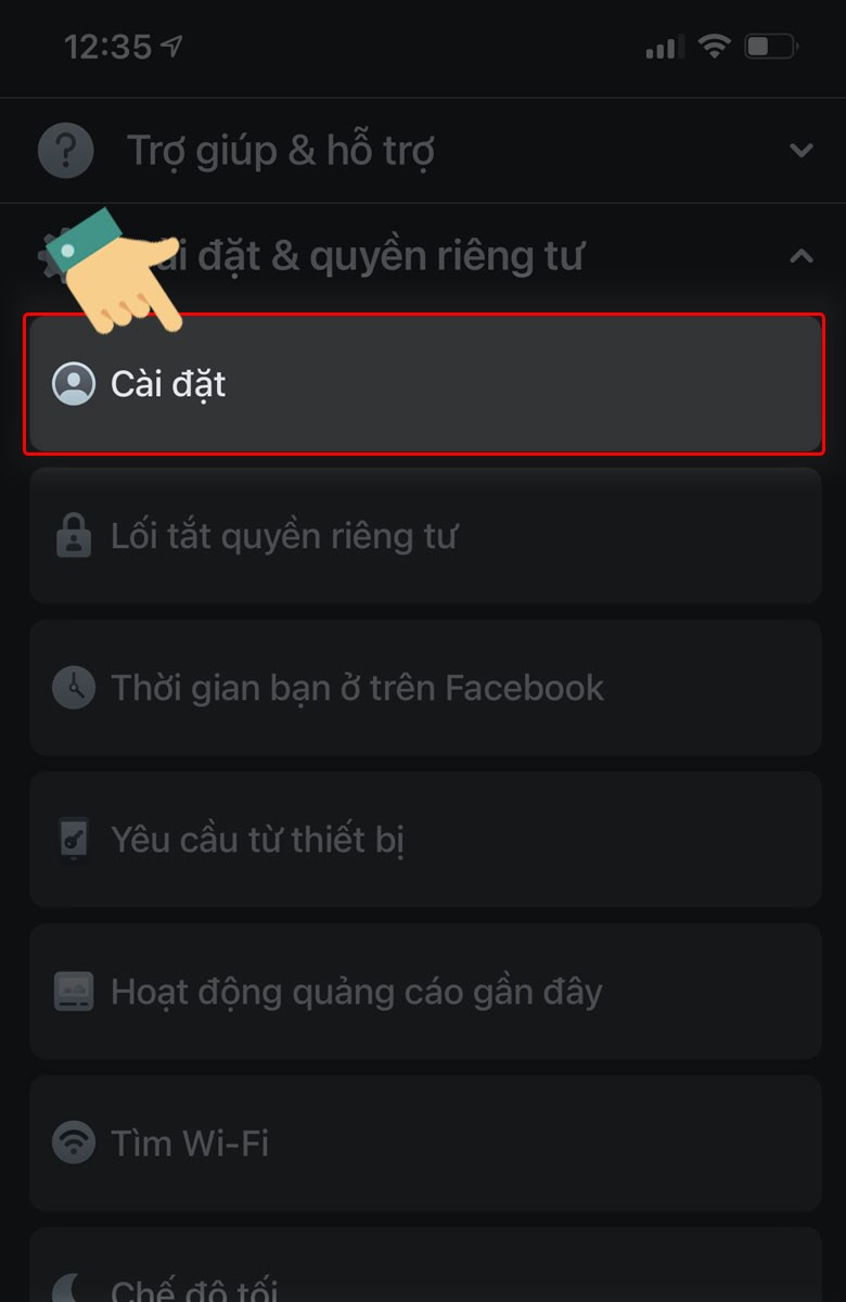 alt text: Menu cài đặt trên Facebook điện thoại