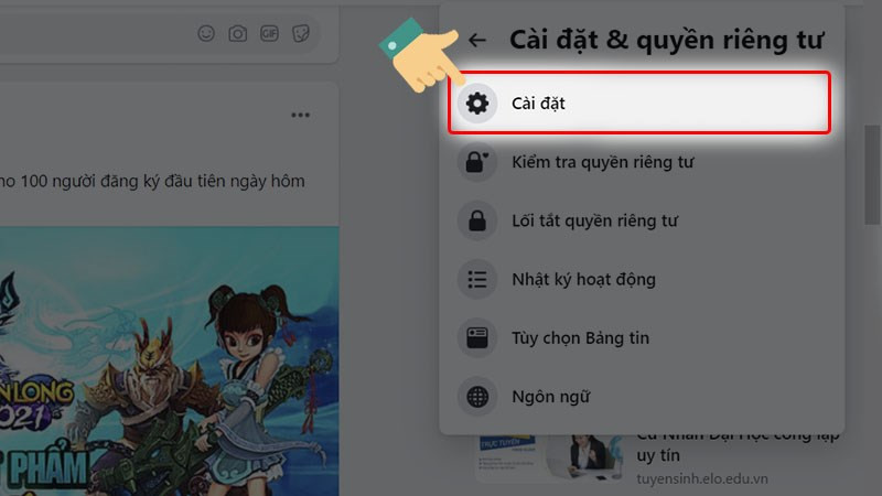 alt text: Menu cài đặt trên Facebook máy tính