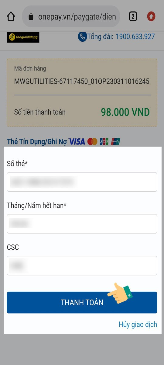 alt text: Nhập thông tin thẻ để thanh toán