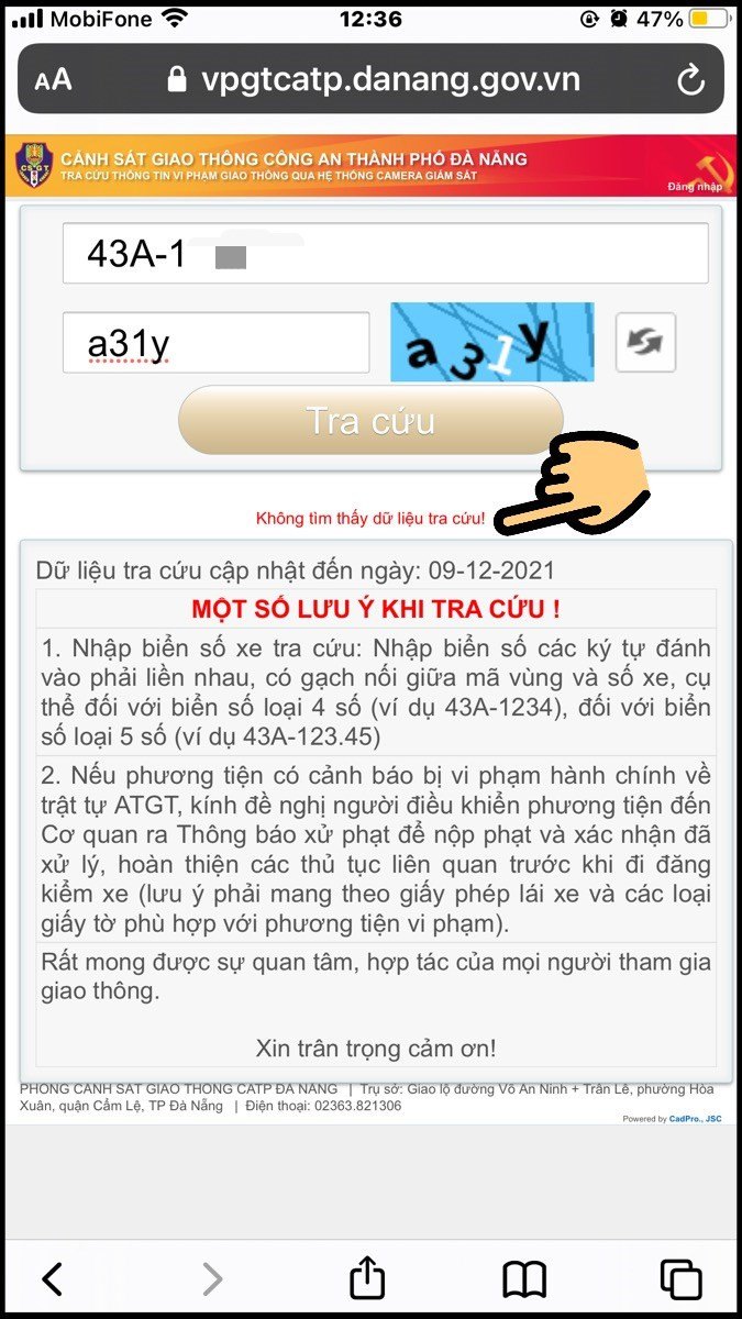 alt text: Thông báo không tìm thấy dữ liệu tra cứu vi phạm giao thông