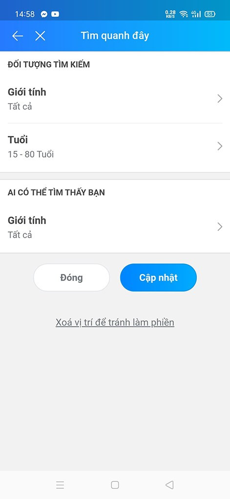 alt text: Tùy chỉnh tiêu chí tìm kiếm bạn bè trên Zalo