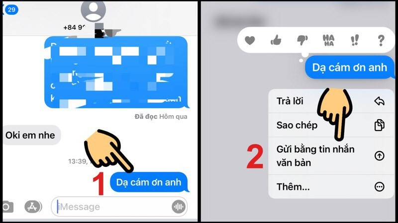 Alt text: Tùy chọn "Gửi bằng tin nhắn văn bản" khi nhấn giữ tin nhắn iMessage