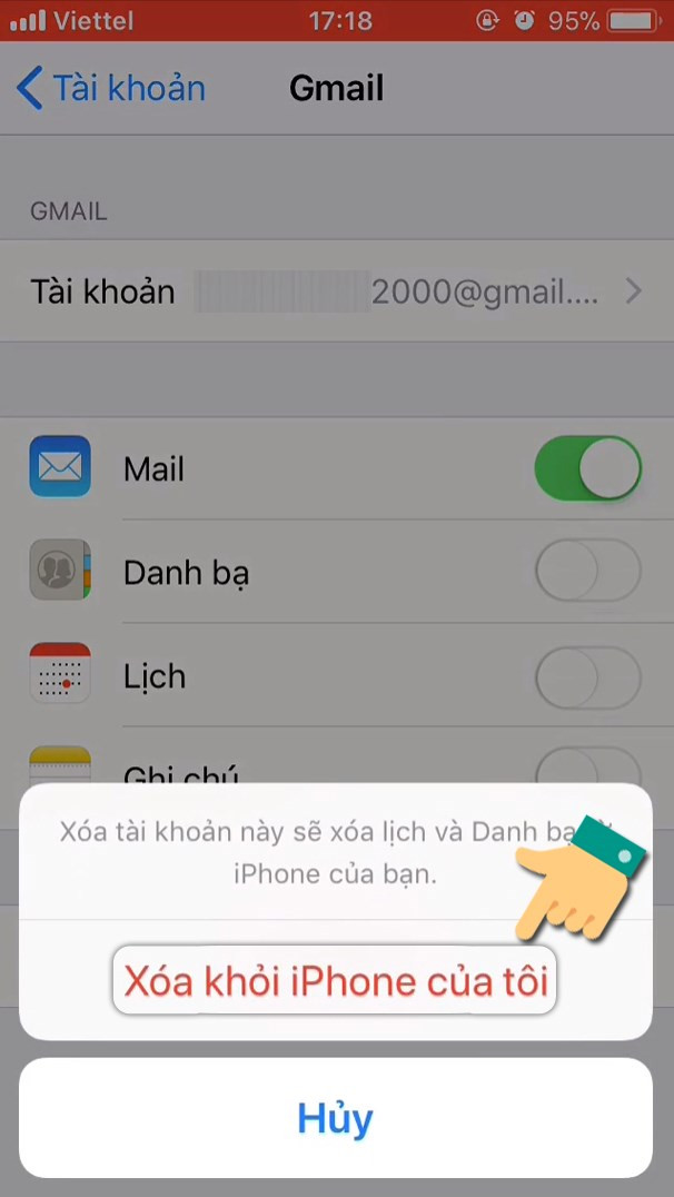 alt text: Xác nhận xóa Gmail trên iPhone, iPad