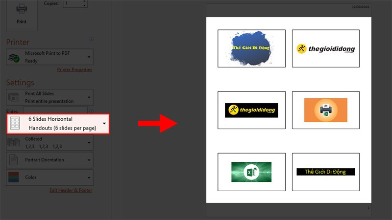 Alt: Ví dụ về bản in 6 slide PowerPoint trên một trang giấy