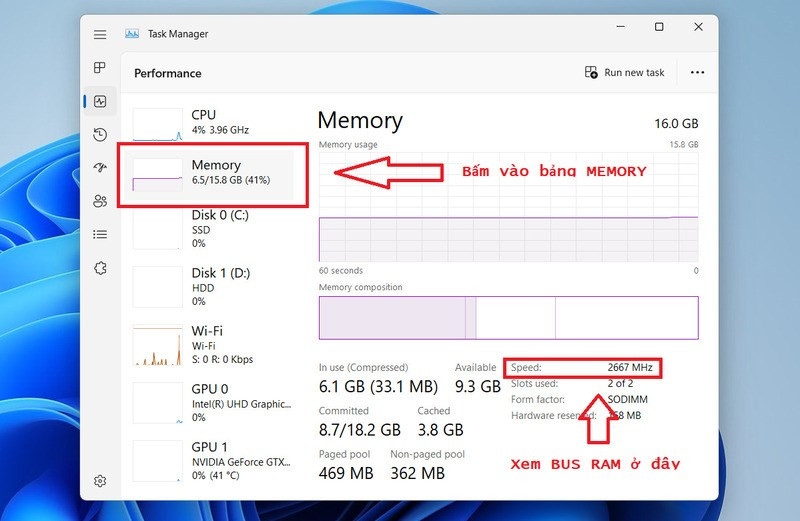 Bấm vào trang Memory, kiểm tra thông số BUS RAM ở phần Speed.