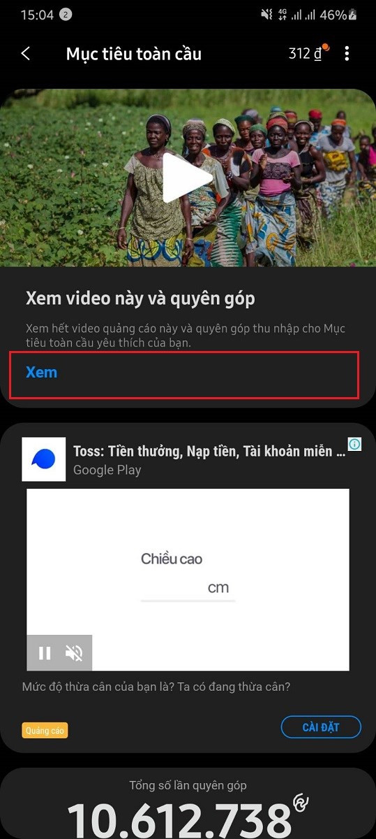 Bấm "Xem video này và quyên góp"