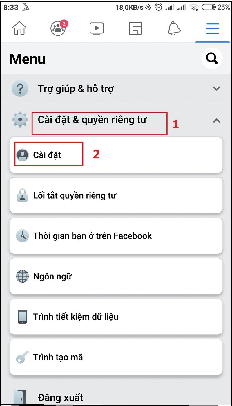 Chọn cài đặt Facebook