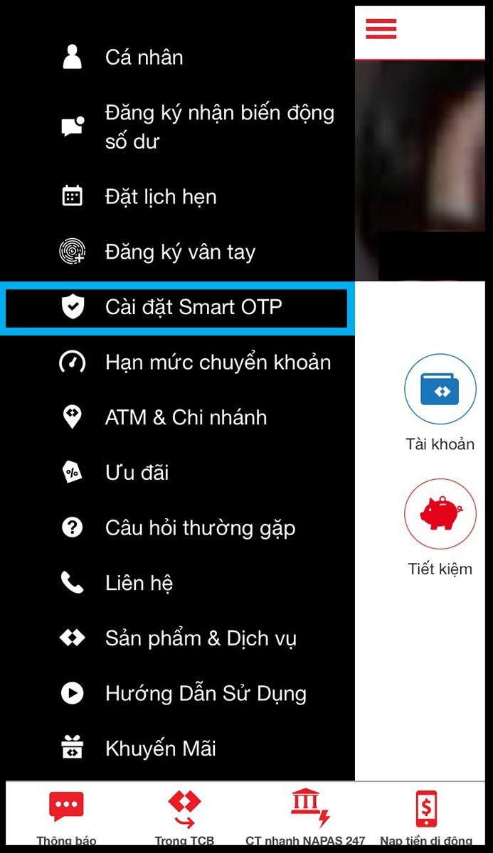 Chọn Cài đặt Smart OTP