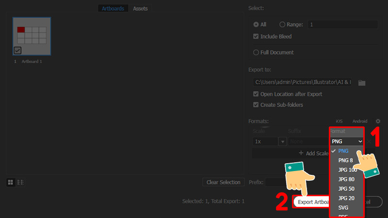 Chọn định dạng và xuất Artboard