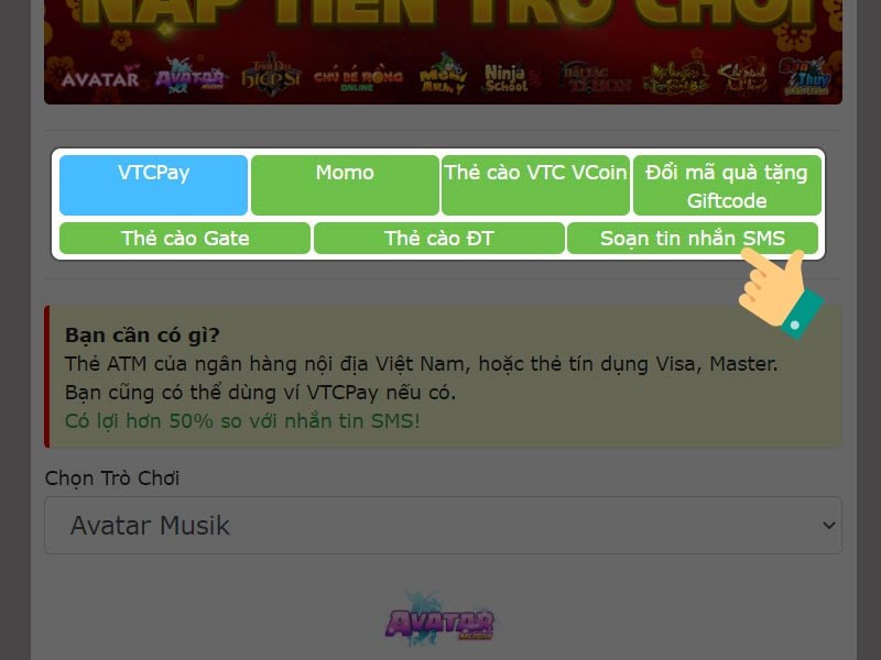 Chọn hình thức nạp Avatar Musik