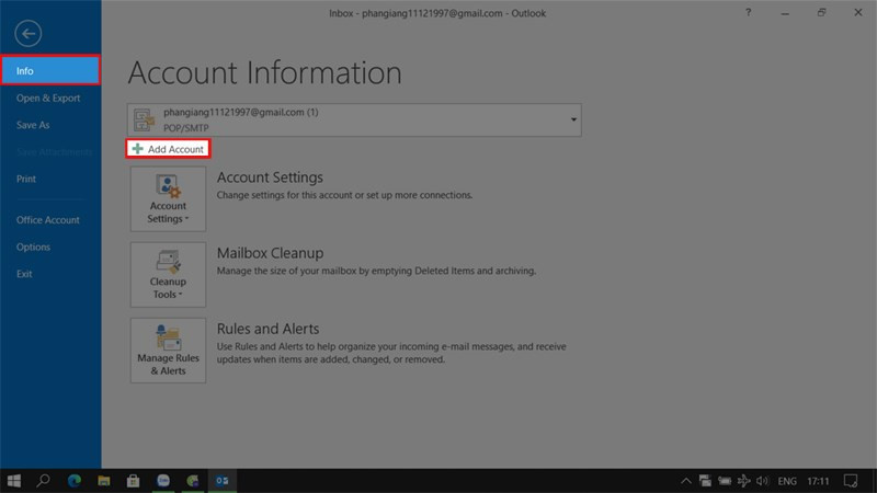 Chọn Info sau đó chọn Add Account