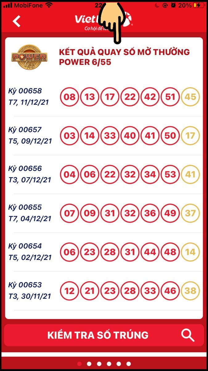 Chọn kết quả QSMT trong app Vietlott