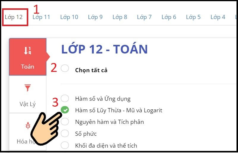 Chọn Khối Lớp sau đó chọn môn học, tiếp sau đó chọn bài để làm kiểm tra