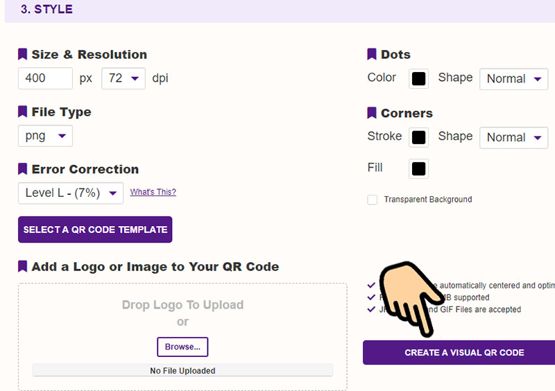 chọn kiểu hình mã QR trong mục Style, và nhấn Create visual QR Code