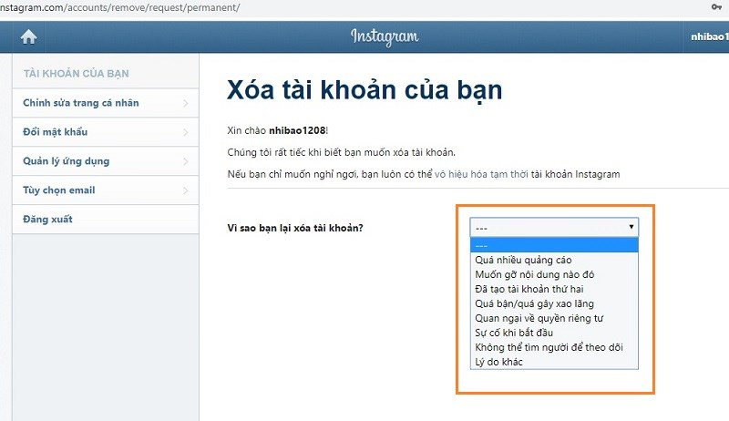 Chọn lý do muốn xóa tài khoản