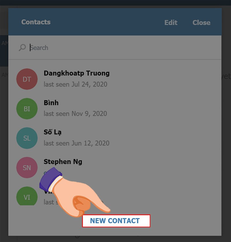 Chọn New Contact trên Telegram Web