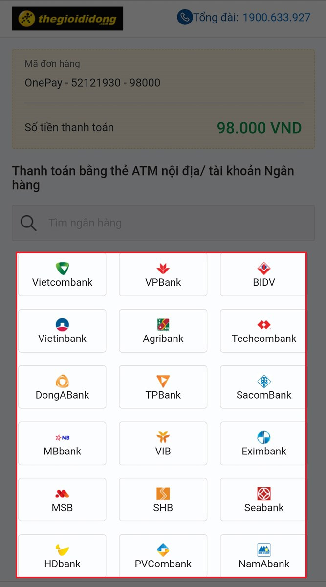 Chọn Ngân hàng mà bạn muốn thanh toán