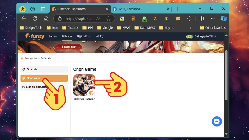 Chọn Nhập giftcode &gt; Chọn game 3Q Triệu Hoán Sư