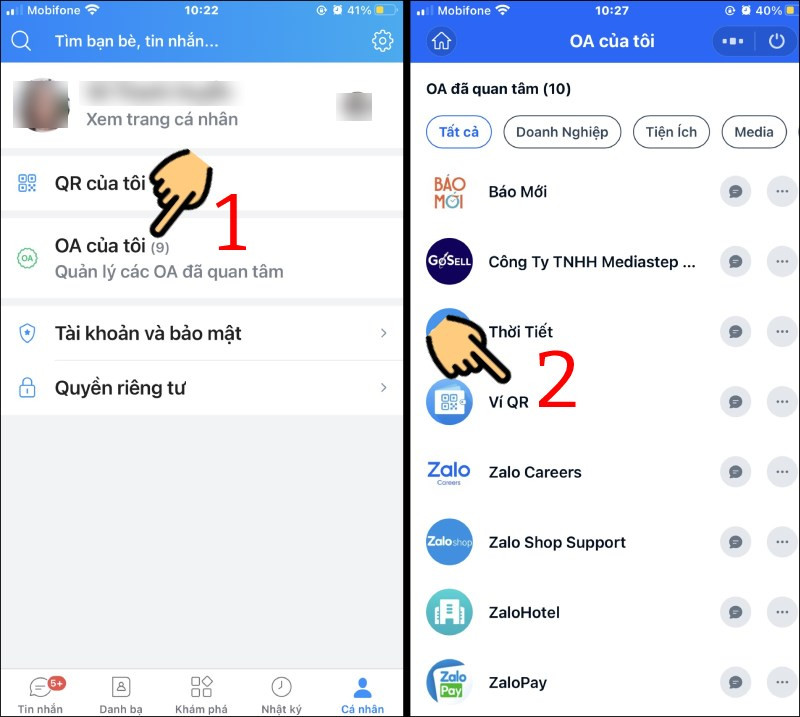 Chọn OA của tôi và nhấn Ví QR