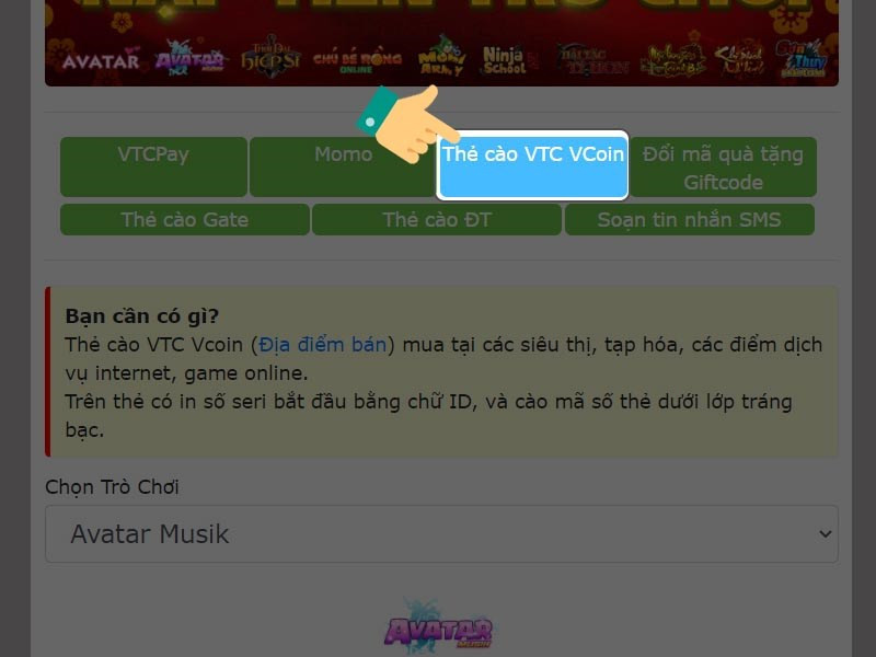 Chọn phương thức thanh toán thẻ game