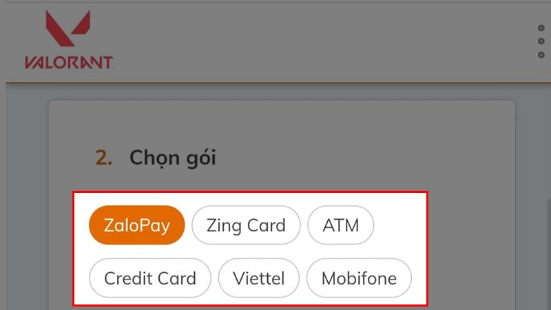 Chọn phương thức thanh toán và gói VP