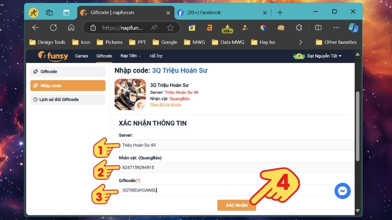 Chọn Server, nhân vật và tiến hành nhập code