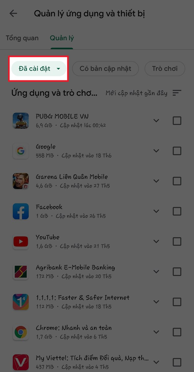 Chọn tab Đã cài đặt để xem những ứng dụng đã tải