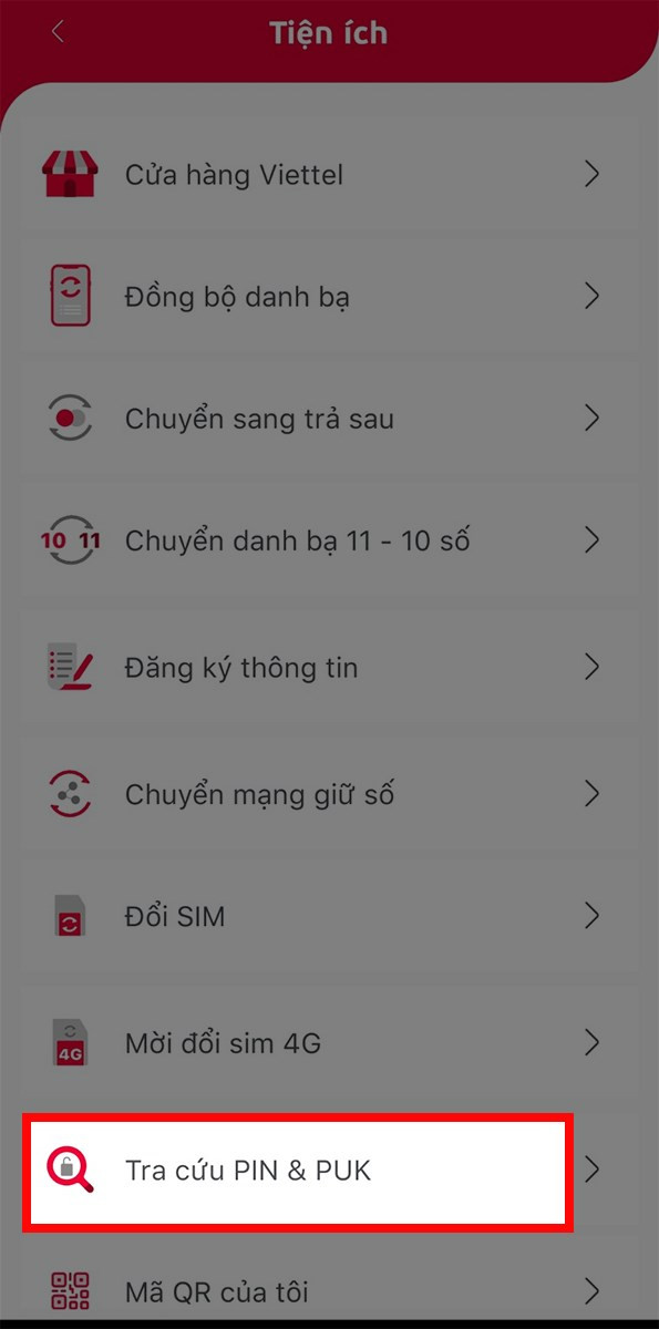 Chọn Tra cứu PIN & PUK