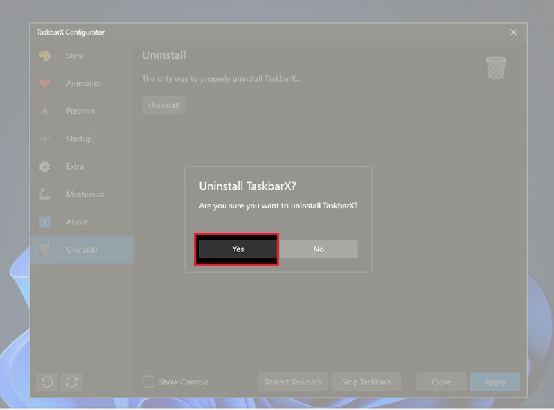 chọn Yes để gỡ cài đặt phần mềm TaskbarX