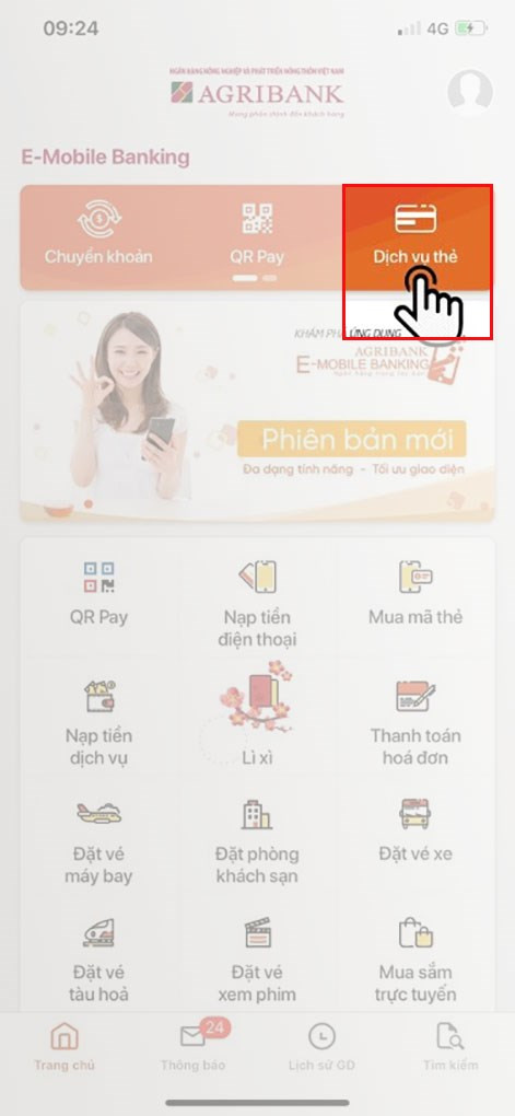  Dịch vụ thẻ trên ứng dụng Agribank E-Mobile Banking