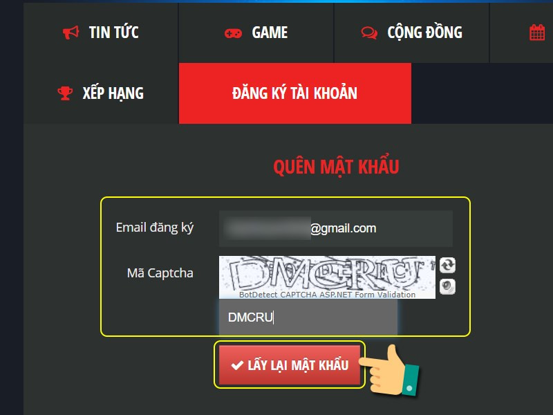 Điền Email đã đăng ký tài khoản