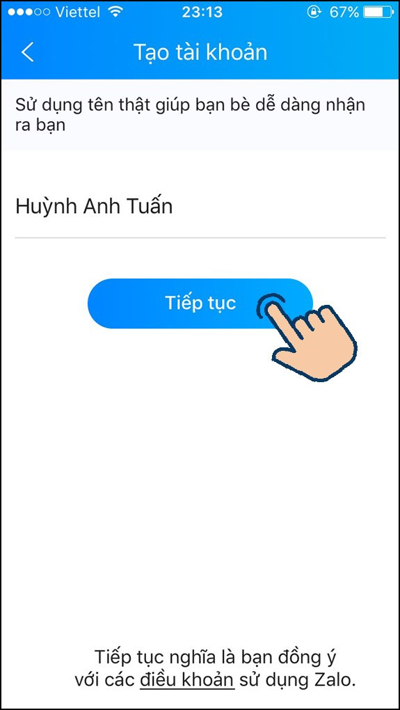 điền tên của bạn vào ô trống và nhấn Tiếp tục.