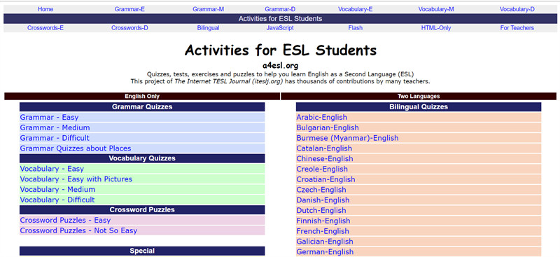 Giao diện website a4esl.org