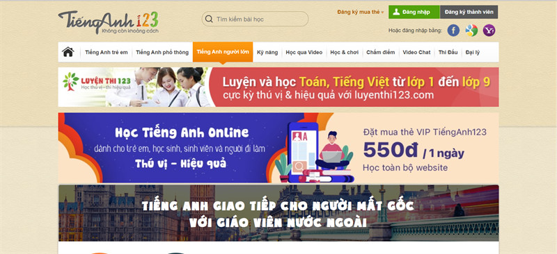 Giao diện website tienganh123.com