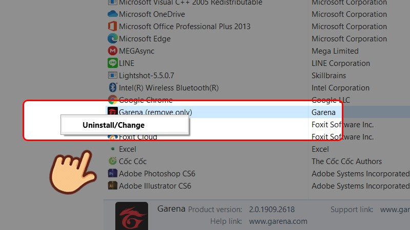 Gỡ Garena bằng Programs and Features