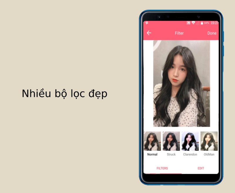Minh họa tính năng áp dụng bộ lọc ảnh trong ứng dụng Crown Heart Photo Editor.