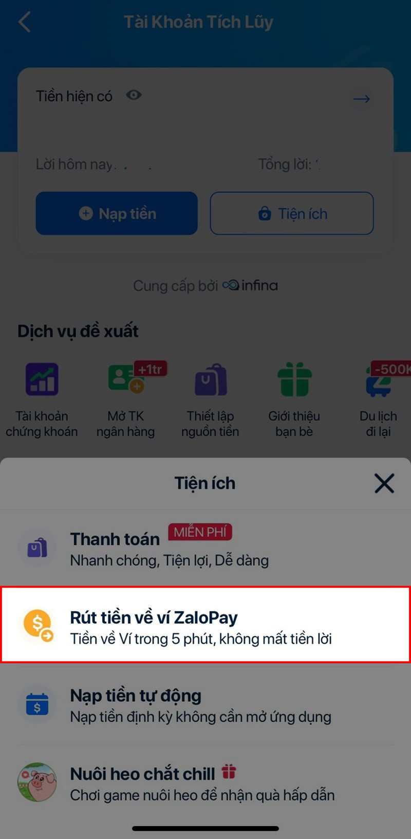 Mô tả hình ảnh: Bước 3 rút tiền từ tài khoản tích lũy ZaloPay