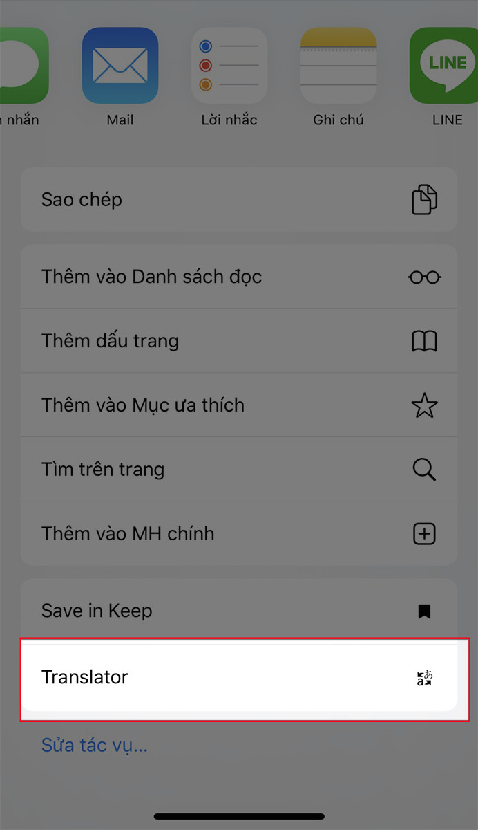 Mô tả hình ảnh lựa chọn Microsoft Translator trong menu chia sẻ