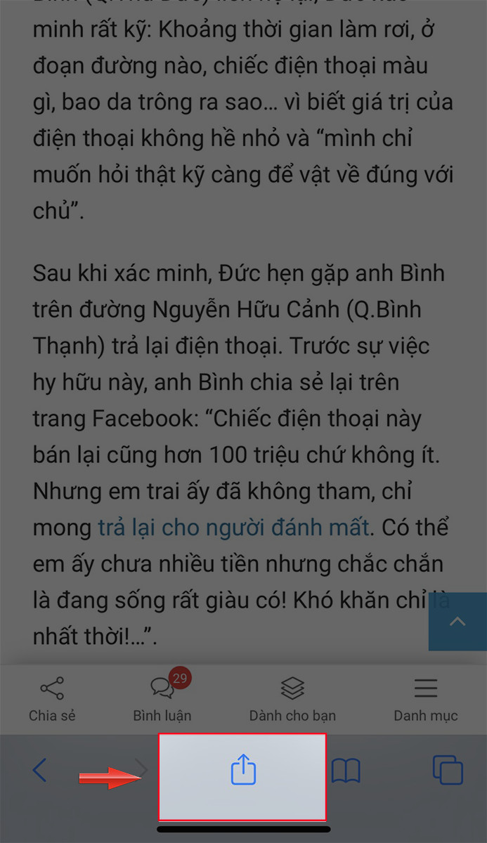 Mô tả hình ảnh nút chia sẻ trên Safari